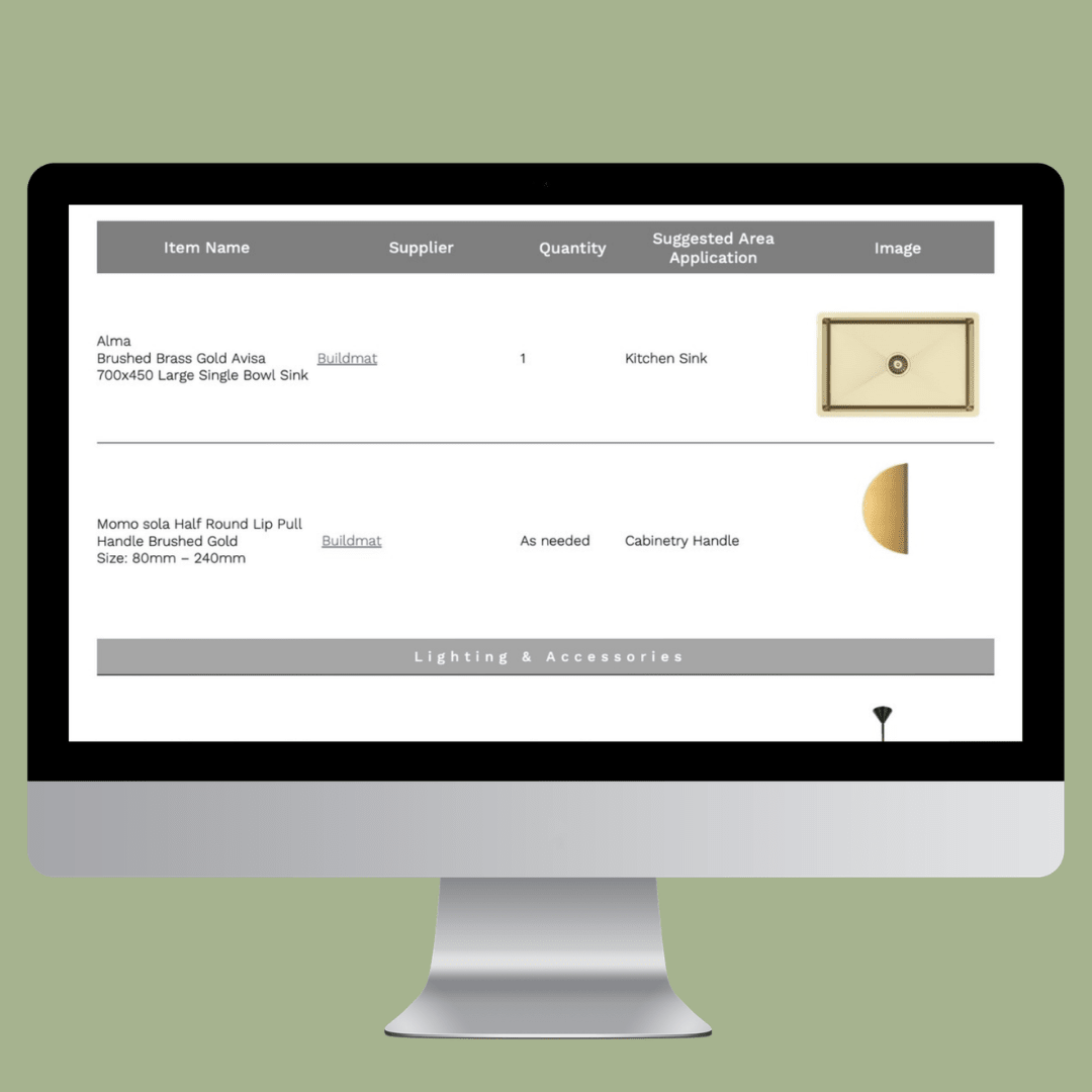 The Eucalypt Kitchen | Product and Material FF&E e - Design Pack - My Interior Designers | Online Interior Design Australia