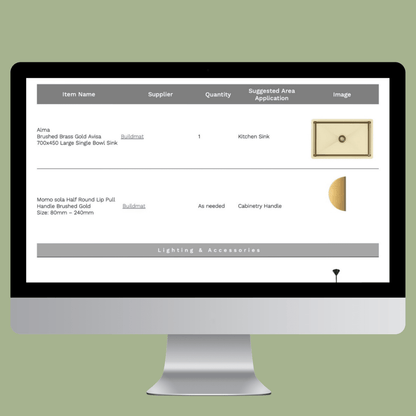 The Eucalypt Kitchen | Product and Material FF&E e - Design Pack - My Interior Designers | Online Interior Design Australia