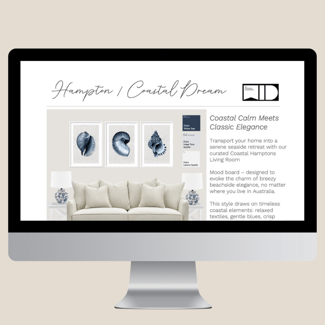 The Hamptons Coastal Living Room | Your Free e - Design Pack - My Interior Designers | Online Interior Design Australia