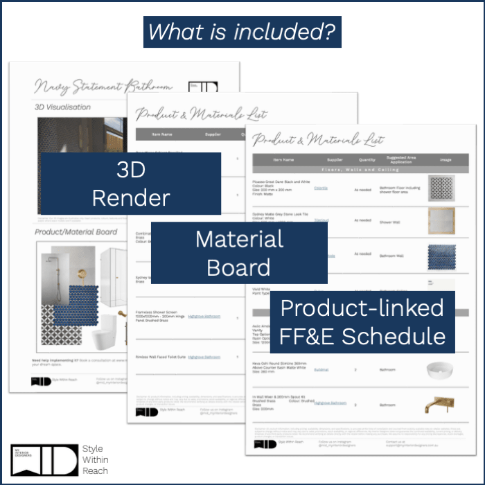 The Navy Statement Bathroom | Product and Material Design Pack - My Interior Designers | Online Interior Design Australia
