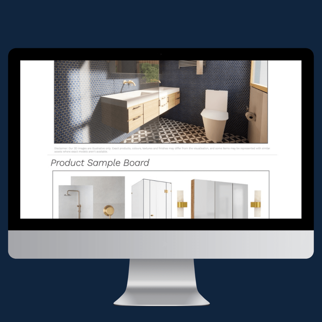 The Navy Statement Bathroom | Product and Material FF&E e - Design Pack - My Interior Designers | Online Interior Design Australia
